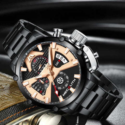 MEGALITH Men's Watch 45mm Stainless Steel Chronograph Waterproof Fashion Watch Analog Quartz Date Heavy Duty Watches for Men Metal Luminous Multifunctional Cool Designer Gents Wrist Watches