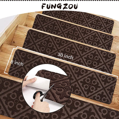 Fungzou Stair Treads Carpet Non-Slip 8”x 30”Indoor Set of 15 Pack, Stair Rugs Runner for Wooden Steps Anti Slip Tape Moving Stair (Brown)