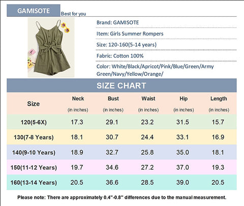 GAMISOTE Girls Romper Strappy Sleeveless Button Tie Front Jumpsuit With Pockets