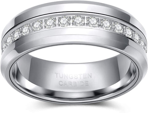 8mm Mens Tungsten Wedding Bands with Cubic Zirconia Eternity Ring CZ Inlaid High Polish Size 7-13