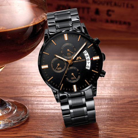 MEGALITH Mens Watches with Stainless Steel Waterproof Analog Quartz Fashion Business Chronograph Black Watch for Men, Auto Date