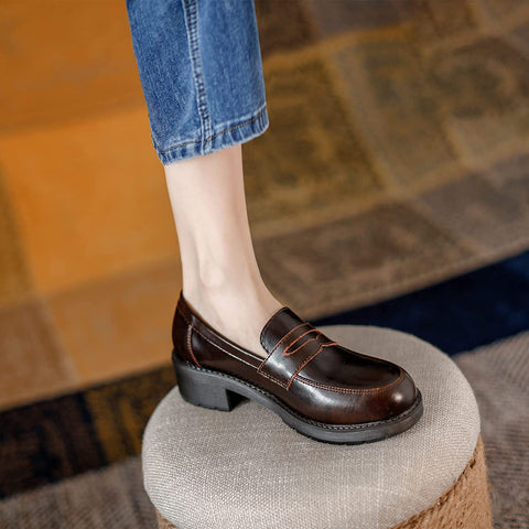 KANGFEINI Women's Apartment Wide Loafers Brown Work high Heel Platform Dress Shoes