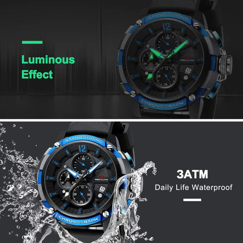MEGALITH Men's Watch 50mm Rubber Chronograph Waterproof Large Face Watch Silicone Military Sport Analog Heavy Duty Watches for Men Luminous Multifunctional Cool Designer Gents Wrist Watches