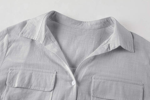 Womens V Neck Button Down Shirt Cuffed Sleeve Summer Beach Casual Tops Loose Fit Blouse with Two Side Pockets