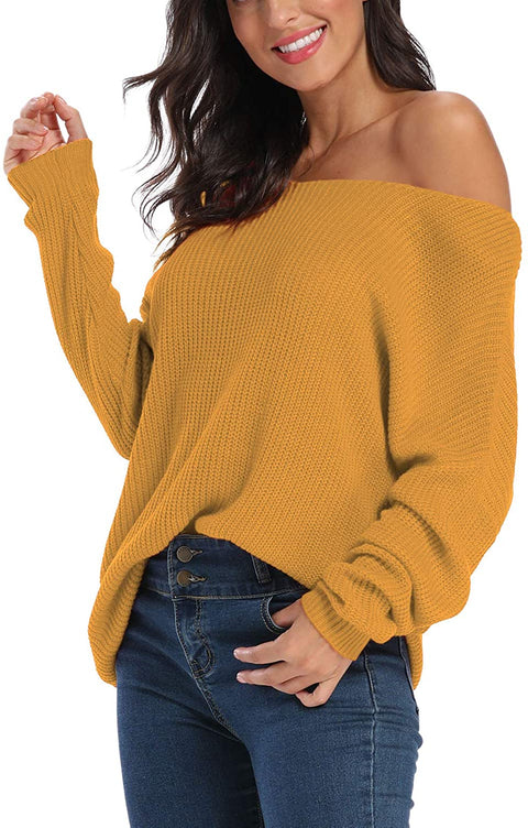 Women's Boat Neck Solid Casual Loose Knitted Pullover Sweater Jumper Tops