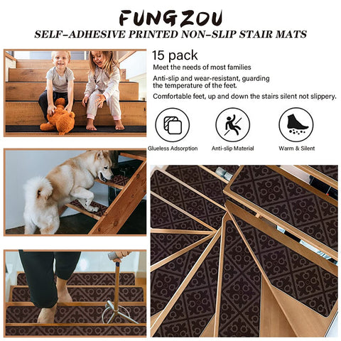 Fungzou Stair Treads Carpet Non-Slip 8”x 30”Indoor Set of 15 Pack, Stair Rugs Runner for Wooden Steps Anti Slip Tape Moving Stair (Brown)