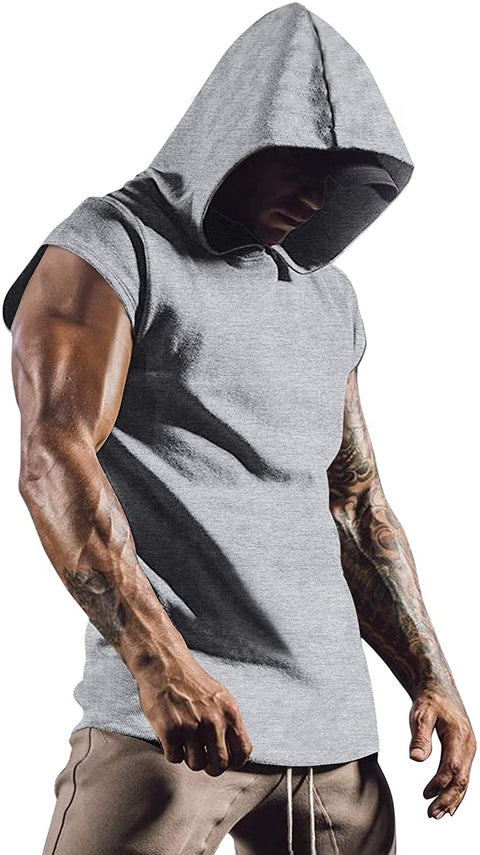 Men's Workout Hooded Tank Top Gym Muscle Cut Off Short Sleeves T-Shirt