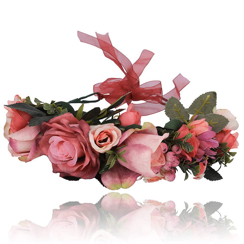 Flower Halo Crown Floral Headpiece - AWAYTR Bohemia Flower Headband Hair Wreath Garland for Women (cameo brown)