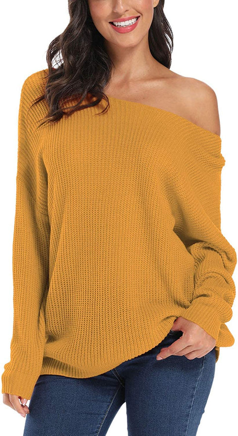 Women's Boat Neck Solid Casual Loose Knitted Pullover Sweater Jumper Tops