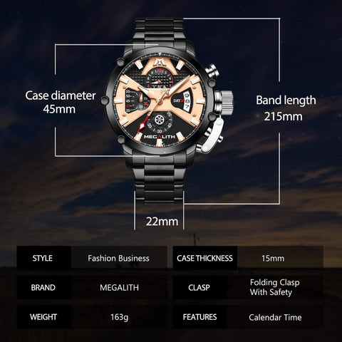 MEGALITH Men's Watch 45mm Stainless Steel Chronograph Waterproof Fashion Watch Analog Quartz Date Heavy Duty Watches for Men Metal Luminous Multifunctional Cool Designer Gents Wrist Watches