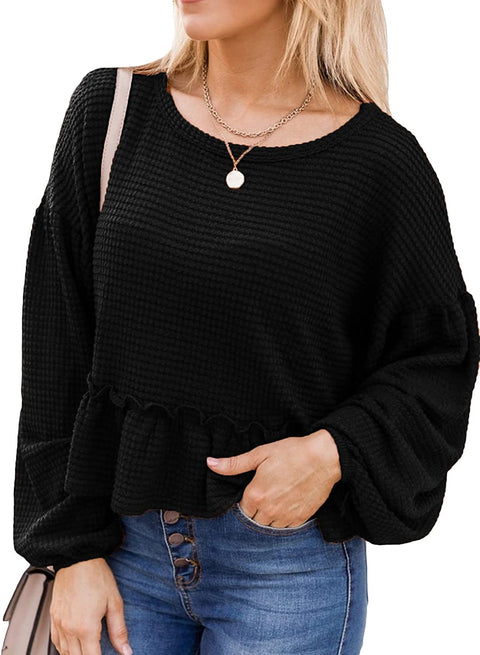 Womens Long Sleeve Blouse Fall Tops Ruffle Hem Balloon Sleeves Casual Loose Plain Blouses for Women