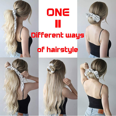 AWAYTR Chiffon Ponytail Hair Scarf Scrunchies - 4 Packs Flower Cashew Leopard Ripple Point Elastic Hair Ties Bow for Women (Skin + Black + Green + red)