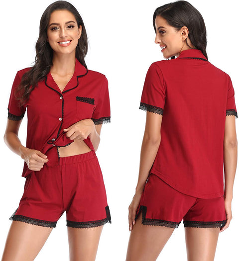 Women Pajamas Set Short Sleeve Pj Lounge Sets Soft Lace Pj Sets Button Down Sleepwear V Neck 2 Piece Plus Size XS-XXXL