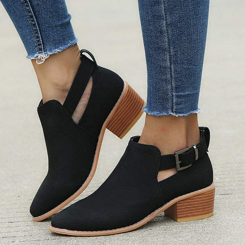 QZHIHE Womens Ankle Boots Cutout Side Strap Block Chunky Heel Work Boots