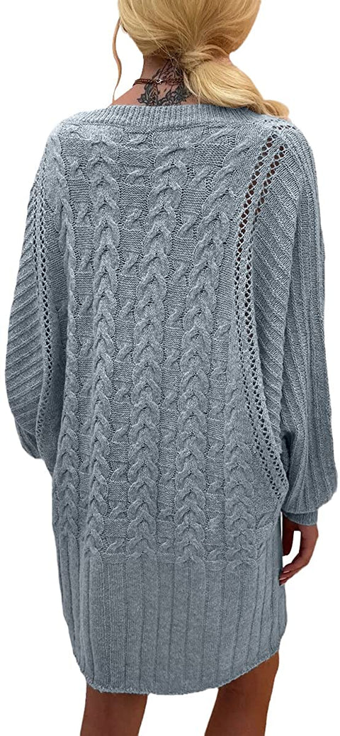 Women's Fashion Bat Long Sleeves Sweater Dress Hollow Cable Knitted Loose Pullover Autumn Dresses