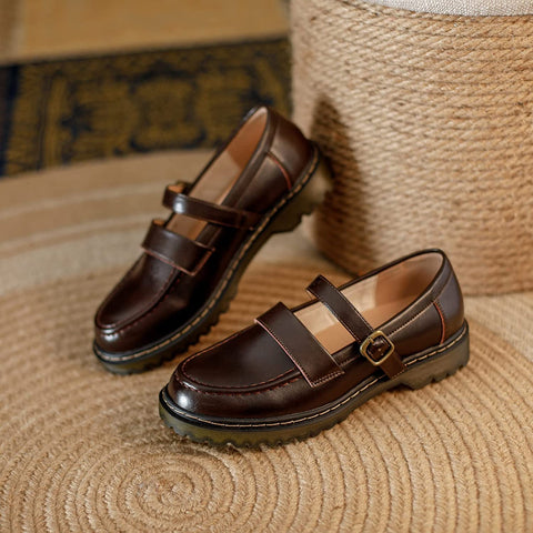KANGFEINI Round Toe Comfortable Driving Mocassin Casual Flat Shoes Anti-Slip Leather Leather Penny Loafers jk Mary Jane Women's Shoes