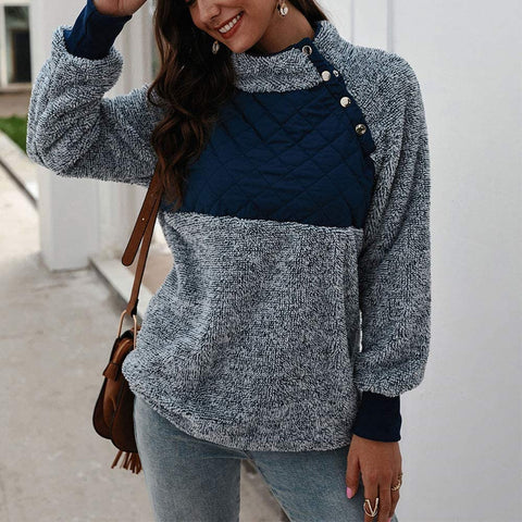 Women's Color Block Turtleneck Long Sleeve Sweatshirts Fuzzy Sweatshirts