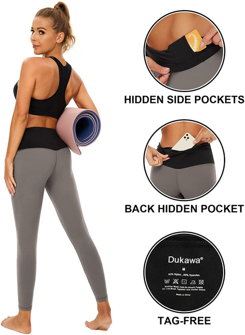 DUKAWA High Waist Leggings with Inner Packet,Tummy Control Workout Running Nylon 4 Way Stretch 7/8 Length Yoga Pants