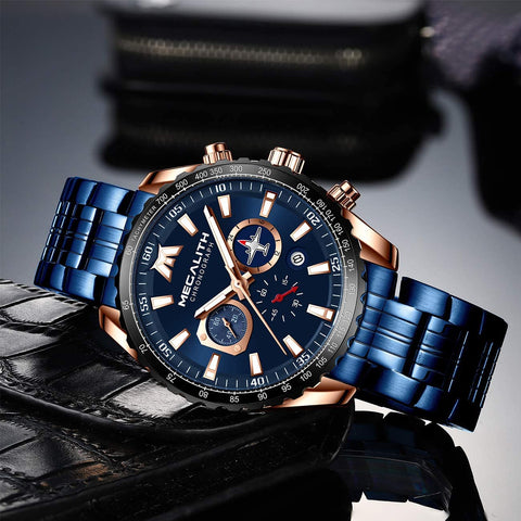 MEGALITH Mens Watches Chronograph Waterproof Watch Stainless Steel Watch Men Sports Military Watch Analog Quartz Date Calendar Luminous Watches for Man Business Gents Multifunctional Wrist Watch