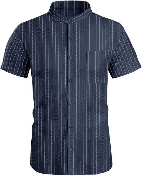 Men's Casual Mandarin Collar Shirts Button Down Vertical Stripes Short Sleeve Tops Shirt with Chest Pocket
