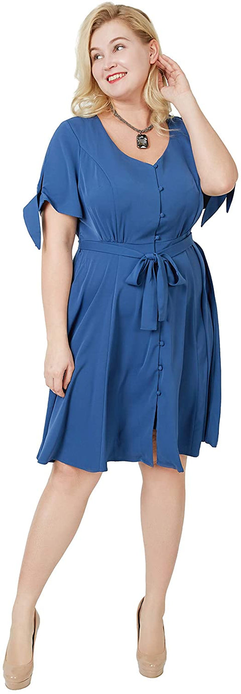 Carrotomato Women's Plus Size V-Neck Dress Ruffled Button Front Opening Swinging Flared Casual Dress Belt