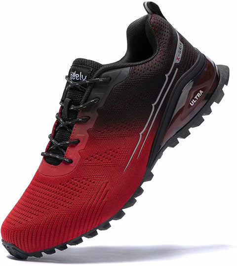 Kricely Men's Women Trail Running Shoes - Non-Slip Hiking Shoes Breathable Walking Footwear Outdoor Road Athletic Sneaker Red Black