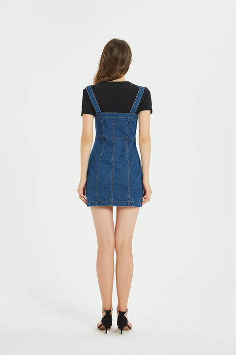 Women's Button Front Classic Adjustable Strap Overall Denim Skirt Dress