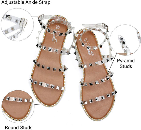 Katliu Women's Flat Sandals Strappy Studded Sandals Gladiator Sandals with Ankle Strap
