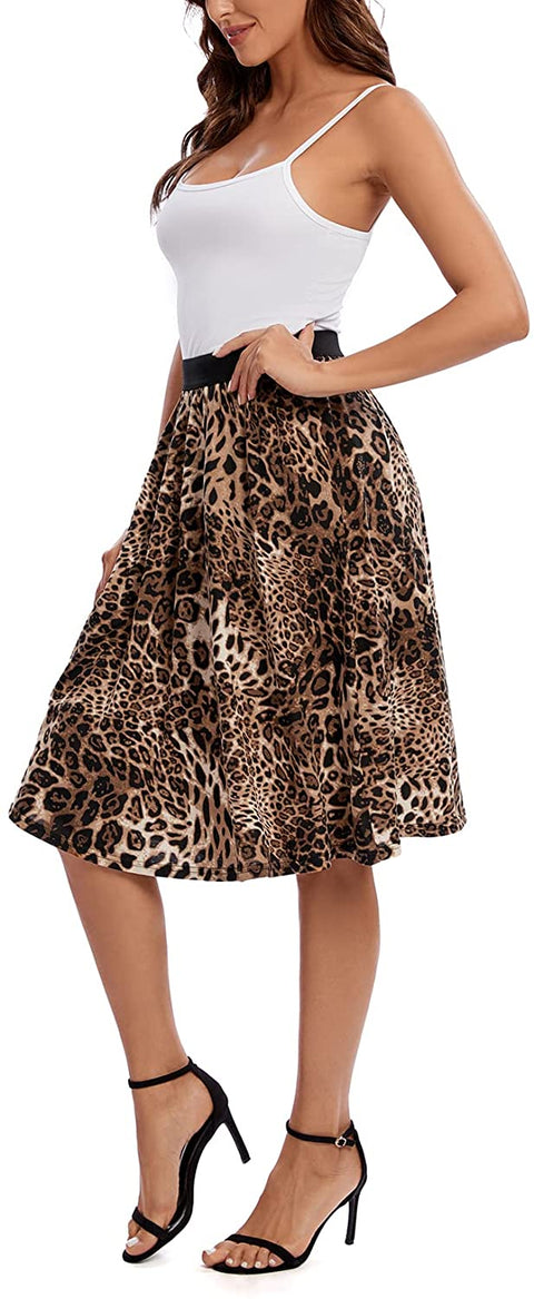 Women's Casual Elastic High Waist Leopard Print Pleated Shirring Midi Skirt