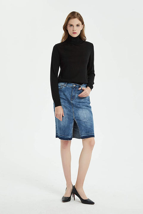 Womens Distressed Stretch Denim Pencil Skirt Frayed Hem