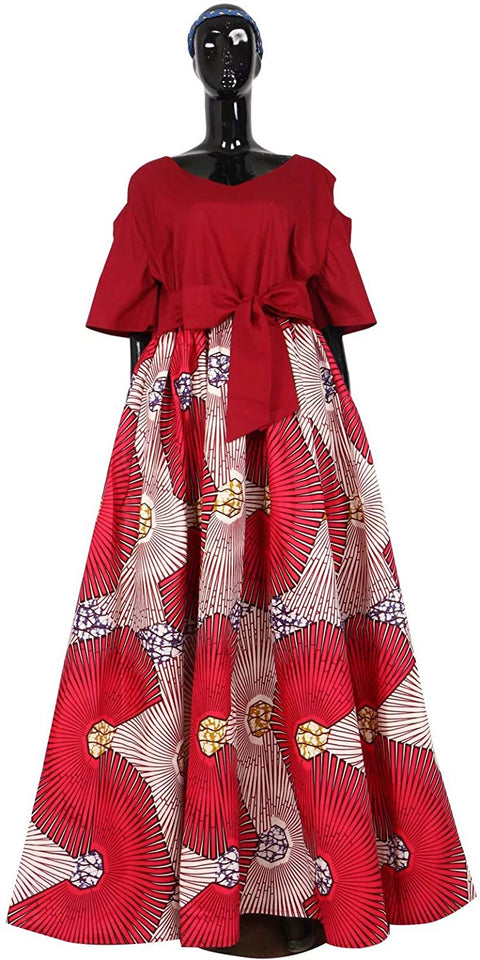 XIAOHUAGUA Women's Elegant Short Sleeve Maxi Dress African Dashiki Casual Tie Waist Daily Dresses