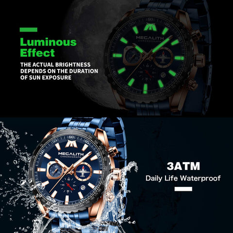 MEGALITH Mens Watches Chronograph Waterproof Watch Stainless Steel Watch Men Sports Military Watch Analog Quartz Date Calendar Luminous Watches for Man Business Gents Multifunctional Wrist Watch