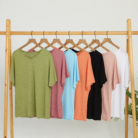 Womens V Neck Tops Short Sleeve Shirts Casual Loose Bat Sleeve T-Shirts Solid Basic Tunic Tops