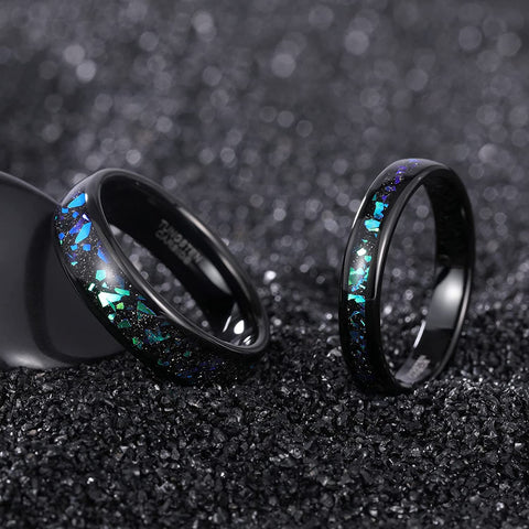 TRUMIUM 4mm 6mm Mens Tungsten Wedding Rings Galaxy Opal Inlay Wedding Bands for Women Black Sand Two Tone Polished Comfort Fit Size 5-13