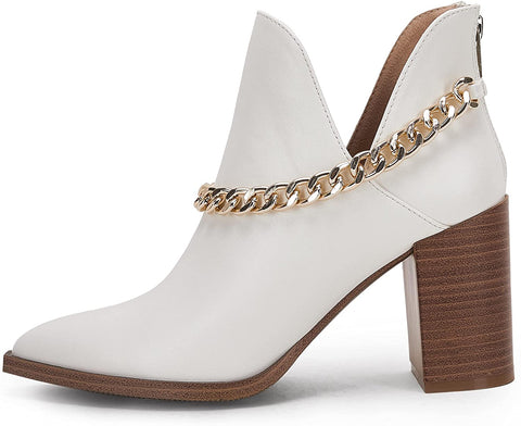 Womens V Cut Out Ankle Boots Chunky Block Back Zipper Booties Pointed Toe Comfortable Shoes with Metal Chain
