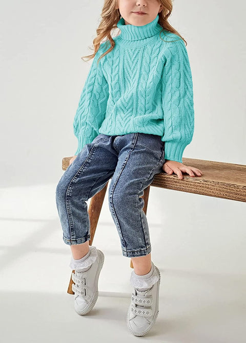 Girls Sweater Turtle Neck Puff Sleeve Chunky Cable Knit Kids Pullover Jumper Top