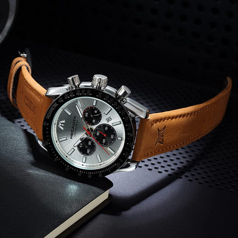 MEGALITH Mens Watch Waterproof Quartz Chronograph Watches for Men Men's Analog Stylish Sport Casual Classic Wrist Watch with Brown Leather Band Unique Gifts for Men