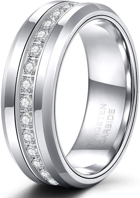 8mm Mens Tungsten Wedding Bands with Cubic Zirconia Eternity Ring CZ Inlaid High Polish Size 7-13