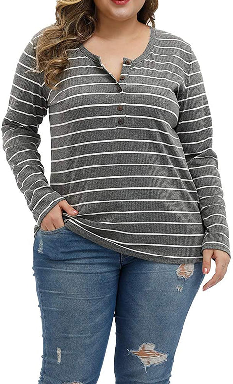 Women Plus Size Tops Long Sleeve Knitwear Stripe Clothing Casual Polo Shirts Button Up Blouse