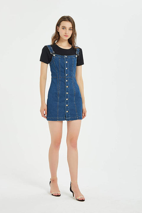 Women's Button Front Classic Adjustable Strap Overall Denim Skirt Dress