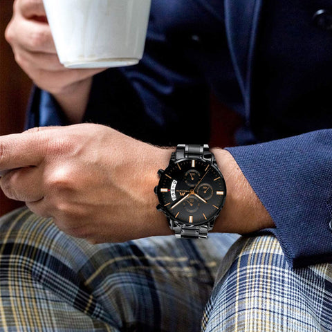 MEGALITH Mens Watches with Stainless Steel Waterproof Analog Quartz Fashion Business Chronograph Black Watch for Men, Auto Date