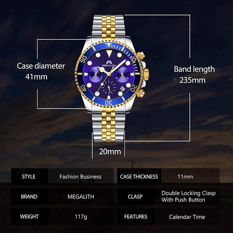 MEGALITH Men's Watch 41mm Stainless Steel Chronograph Waterproof Business Watch Analog Quartz Date Watches for Men Metal Luminous Multifunctional Casual Designer Gents Wrist Watches