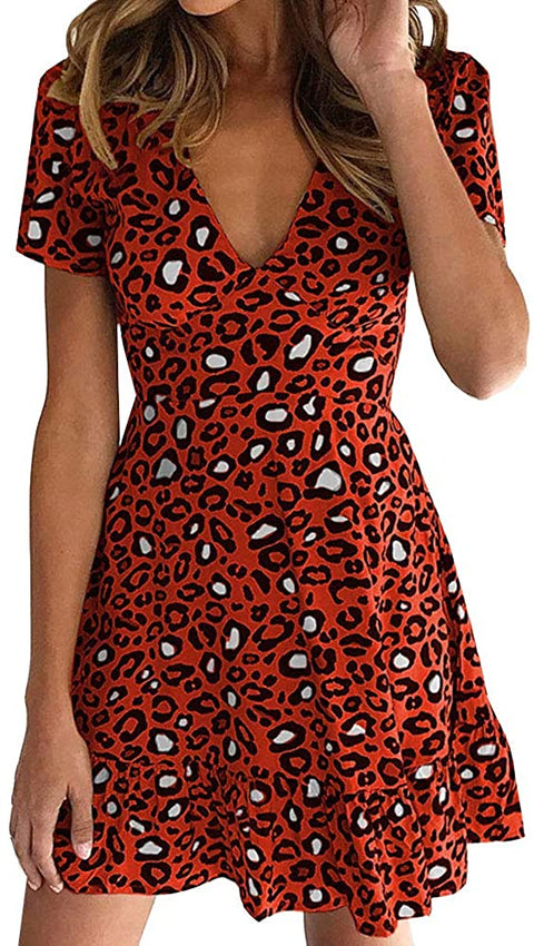 Women's V Neck Fashion Spring Summer Leopard Ruffle Skirt