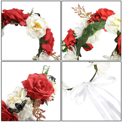 AWAYTR Halloween Spider Rose Flower Headband Leave Flower Adjustable Ribbon Headband Wedding Festival Headdress for Girls (White+red+Fake Spider)