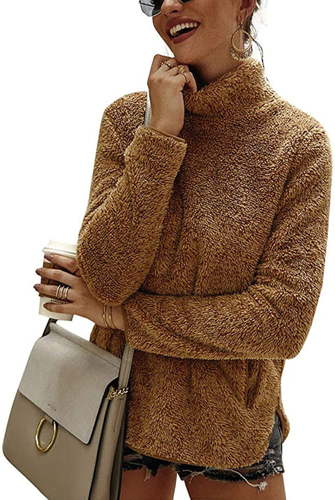 Women's Turtleneck Solid Fuzzy Sweatshirt Plain Long Sleeve Sweatshirts