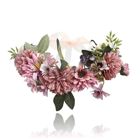 Flower Halo Crown Floral Headpiece - AWAYTR Bohemia Flower Headband Hair Wreath Garland for Women (dark pink)