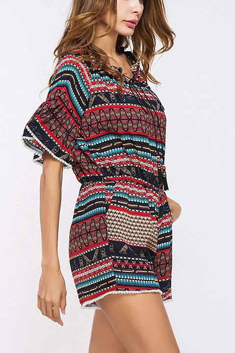 Women's Summer Casual Lotus Leaf Sleeve Printed Sweet One Piece Jumpsuit Shorts