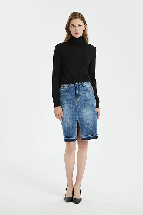 Womens Distressed Stretch Denim Pencil Skirt Frayed Hem