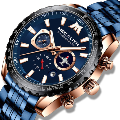 MEGALITH Mens Watches Chronograph Waterproof Watch Stainless Steel Watch Men Sports Military Watch Analog Quartz Date Calendar Luminous Watches for Man Business Gents Multifunctional Wrist Watch