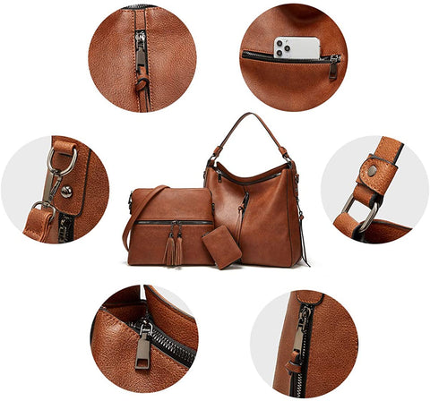 Women Fashion Synthetic Leather Handbags Tote Bag Shoulder Bag Top Handle Satchel Purse Set 4pcs